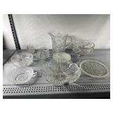 ASSORTED GLASS SERVING PIECES, DESSERT PLATES,
