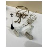 CAST IRON HOOKS, CANDLE SNUFFER, WALL SHELF, ETC.