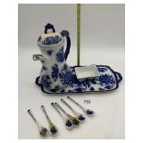 BLUE/WHITE DOUBLE HANDLE TRAY, SPOONS, DISH, ETC.