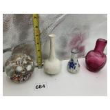 CRANBERRY VASE, BLUE AND WHITE VASE, PAPERWEIGHT