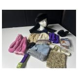 WINTER MUFFS, HATS, GLOVES, SEQUIN KNITTED PURSE,