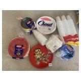 DISPOSABLE PLATES AND CUPS, 3 TIN CHRISTMAS TRAYS