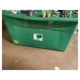GREEN PLASTIC STORAGE TOTE WITH ATTACHED LID,