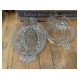 TWO PRESSED GLASS SERVING PIECES AND ONE CLEAR