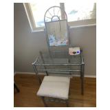 GRAY METAL VANITY W/ TWO GLASS SHELVES, WHITE