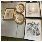 3 PICTURES INCL. ROUND FLOWER, 2 BIRDS ON