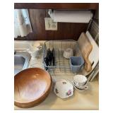 WOOD BOWL, CUTTING BOARDS, 3 CUPS AND SAUCERS,