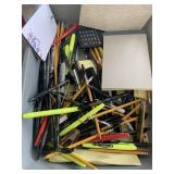 BIN OF PENS PENCILS, NOTE PAPER, ETC.
