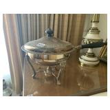 SILVER PLATE CHAFFING DISH WITH PYREX GLASS LINER