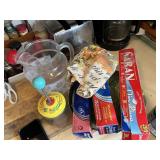 FOIL, SARAN WRAP, GLASS WATER PITCHER, FOOD