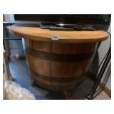 OAK W/ METAL BANDS FLAT WALL BARREL TABLE CAN