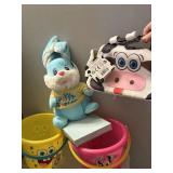 SPONGE BOB BUCKET, BLUE BUNNY , COW TOTE