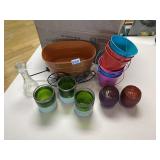 CANDLE HOLDERS, TIN BUCKETS, VASE, ORANGE FLOWER