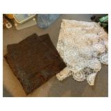 LACE OVERLAY TABLECLOTH AND LARGE PIECE OF FABRIC