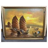 ORIGINAL OIL , FISHING BOATS AT SEA WITH NATIVE