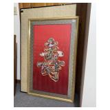 SILK EMBROIDERY W/ BRASS GOLD FRAME UNDER GLASS