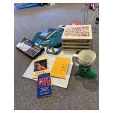 WOOD BOX, BOOKS, PLASTIC BOOT