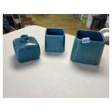 3 COORDINATING TEAL CRACKLE GLAZE VASES