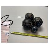 CARVED WOOD AFRICAN BALLS AND SOLID MARBLE BALL