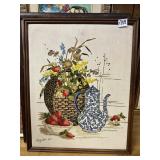 17X21 FRAMED EMBROIDERED FLORAL STILL LIFE WITH