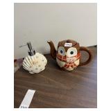 PIER 1 OWL TEA POT AND SHELL SOAP DISPENSER