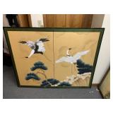 JAPANESE CRANES IN SKY 2 PANEL SCREEN CIRCA 1900S