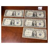 FIVE - 1935 - A, B, D, E, F $1.00 SILVER