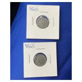 2- 1865 3 CENT PIECES