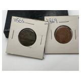 1865 & 1869 TWO CENT PIECES
