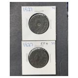 1827 LARGE CENT AND 1 W/ PARTIAL HOLE