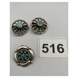 UNMARKED SILVER CLIP ON EARRINGS AND PIN 0.475