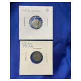 (2) 1852 3 CENT PIECE 1 IS BENT