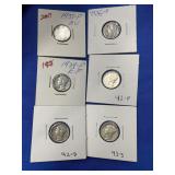 SIX DIMES: 1929-P, 2 1935-P, 1943 P,D,S MERCURY