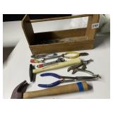WOODEN TOOL BOX WITH ASSORTED HAND TOOLS -