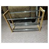SHOE RACK - 3-TIER, CHROME RAILS, NATURAL WOOD