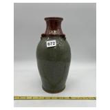 12" HAND THROWN POTTERY VASE, CRACKED THROUGH