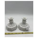 PAIR OF WHITE CERAMIC CANDLESTICKS WITH GRAPE AND