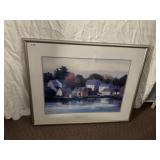 FRAMED WATERCOLOR - VILLAGE LANDSCAPE WITH HOUSES