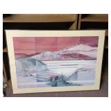 FRAMED WATERCOLOR LANDSCAPE - MOUNTAIN SCENE WITH