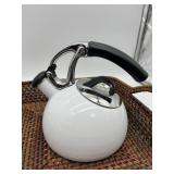 MODERN WHITE ENAMEL TEAPOT WITH WOVEN BASKET TRAY