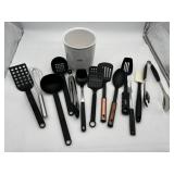 COLLECTION OF KITCHEN UTENSILS AND CERAMIC CROCK.