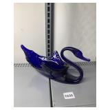 ART GLASS SWAN FIGURINE - COBALT BLUE, SIGNED.