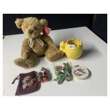 RUSS TEDDY BEAR WITH TAG, YELLOW EGG WITH CHICK,