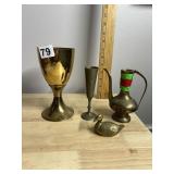 BRASS DECORATIVE LOT - GOBLET, ENGRAVED PITCHER,