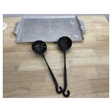 VINTAGE CAST IRON HANGING UTENSILS, ALUMINUM TRAY
