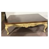 WOOD COFFEE TABLE W/ CARVED LEGS AND ROUND EDGE