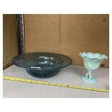 WESTMORELAND BLUE MILK GLASS PEDESTAL DISH AND