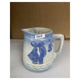 BLUE AND WHITE STONEWARE PITCHER - HAND-PAINTED
