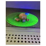 URANIUM GLASS PLATE AND DECORATIVE EGG ETC.