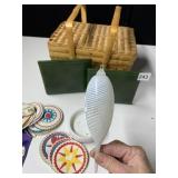 BASKET, LEATHER BOOK ENDS, DUTCH COASTERS, GLASS